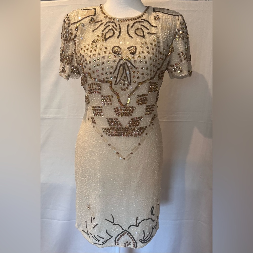 Vintage Dress Size Small Ivory and Gold Silk Sequin & Beaded Shirt Sleeve